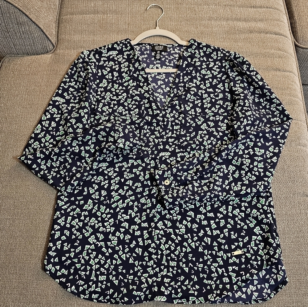 Jones New York Signature Dark Blue Geometric Casual Office Top Size Small